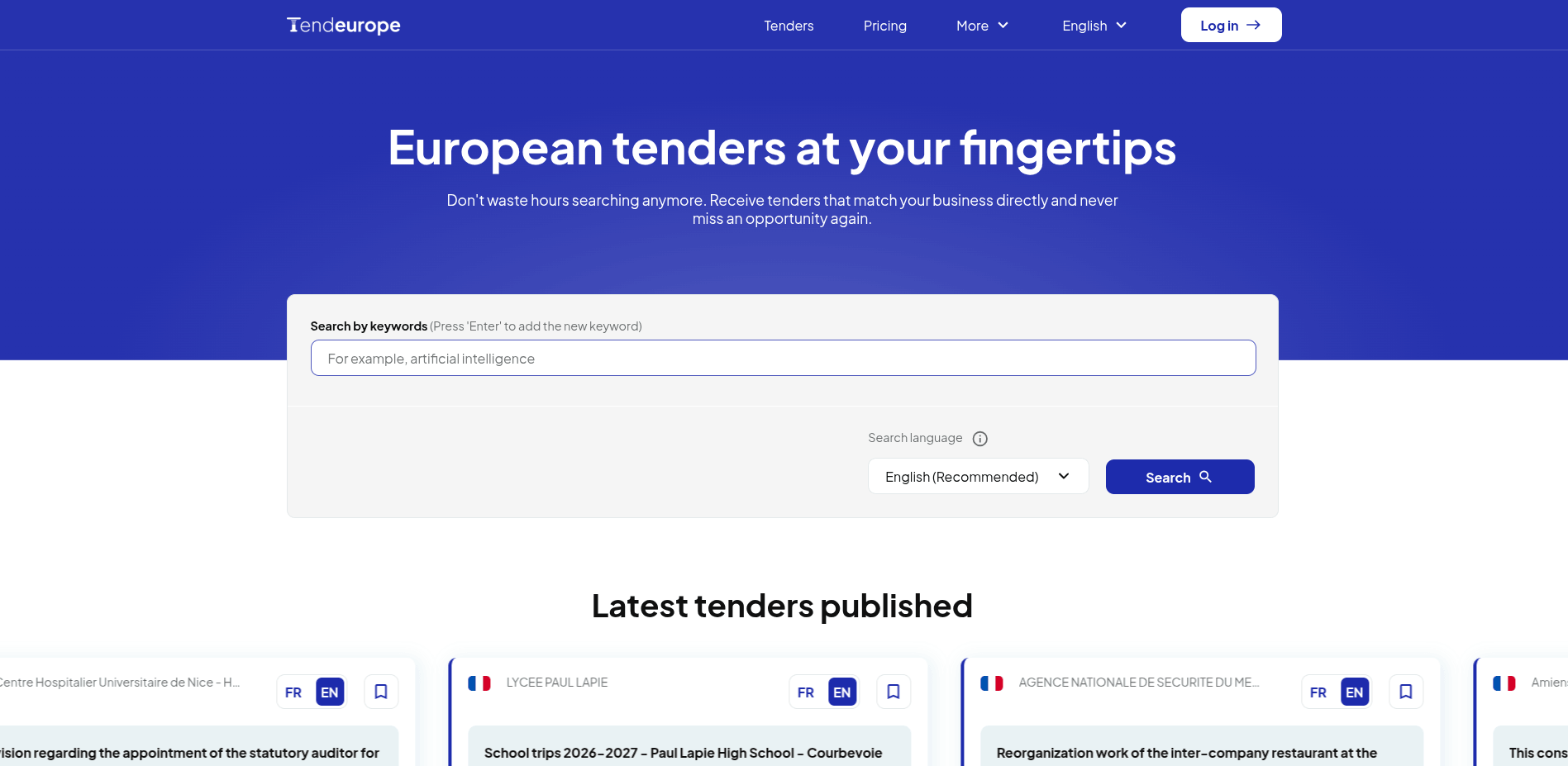 Page d'accueil de Tendeurope, notre plateforme de centralisation des appels d'offres européens.