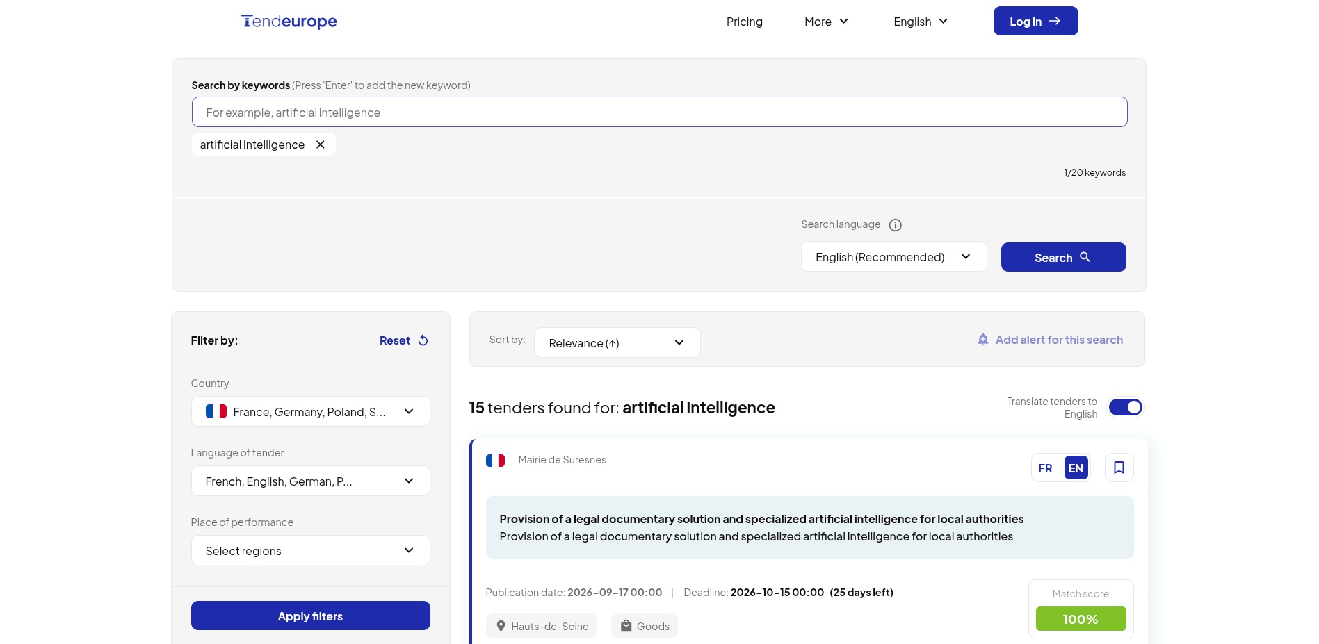 Rechercher et filtrer efficacement sur Tendeurope, parmi plus de 20000 appels d'offres traduits en anglais.